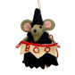 A felt mouse Christmas ornament dressed as a witch, holding a cream banner with red embroidered &