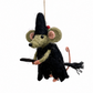 A felted wool witch mouse hanging ornament, featuring a black dress, pointed black hat with a small red bead, olive-green ears and legs, and holding a black broomstick, suspended by a string against a white background.