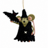 A felt witch mouse ornament with a black pointed hat and cape, olive-green face and ears, pink inner ears, and a small black bat on its shoulder, hanging from a gold string against a white background.