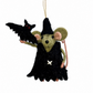 A felt witch mouse ornament with a black pointed hat and cape, olive-green face and ears, pink inner ears, and a small black bat on its shoulder, hanging from a gold string against a white background.