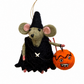 A felt mouse dressed as a witch holding an orange pumpkin trick-or-treat bucket, with a hanging string and bead at the top, photographed on a plain white background.