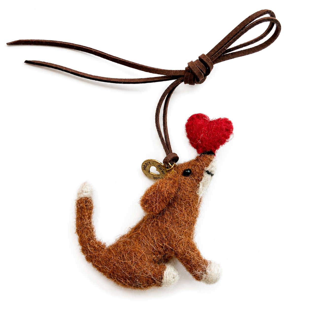 Bob Best Friend Dog handmade felt bag charm holding a red heart by Sew Heart Felt