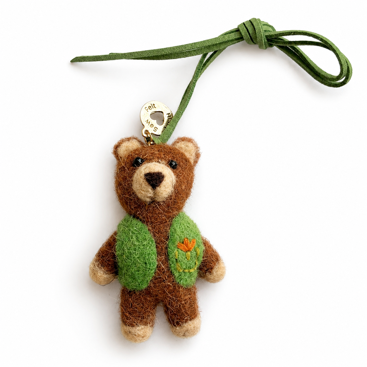Buttons Bear handmade felt bag charm in a green embroidered waistcoat by Sew Heart Felt