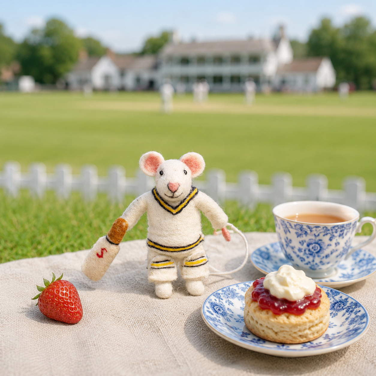 A small cream-colored felt mouse figurine wearing a white cricket sweater with yellow and black stripes stands on a table beside a blue-and-white teacup, a strawberry tart on a plate, and a strawberry, with a blurred outdoor lawn and clubhouse in the background.