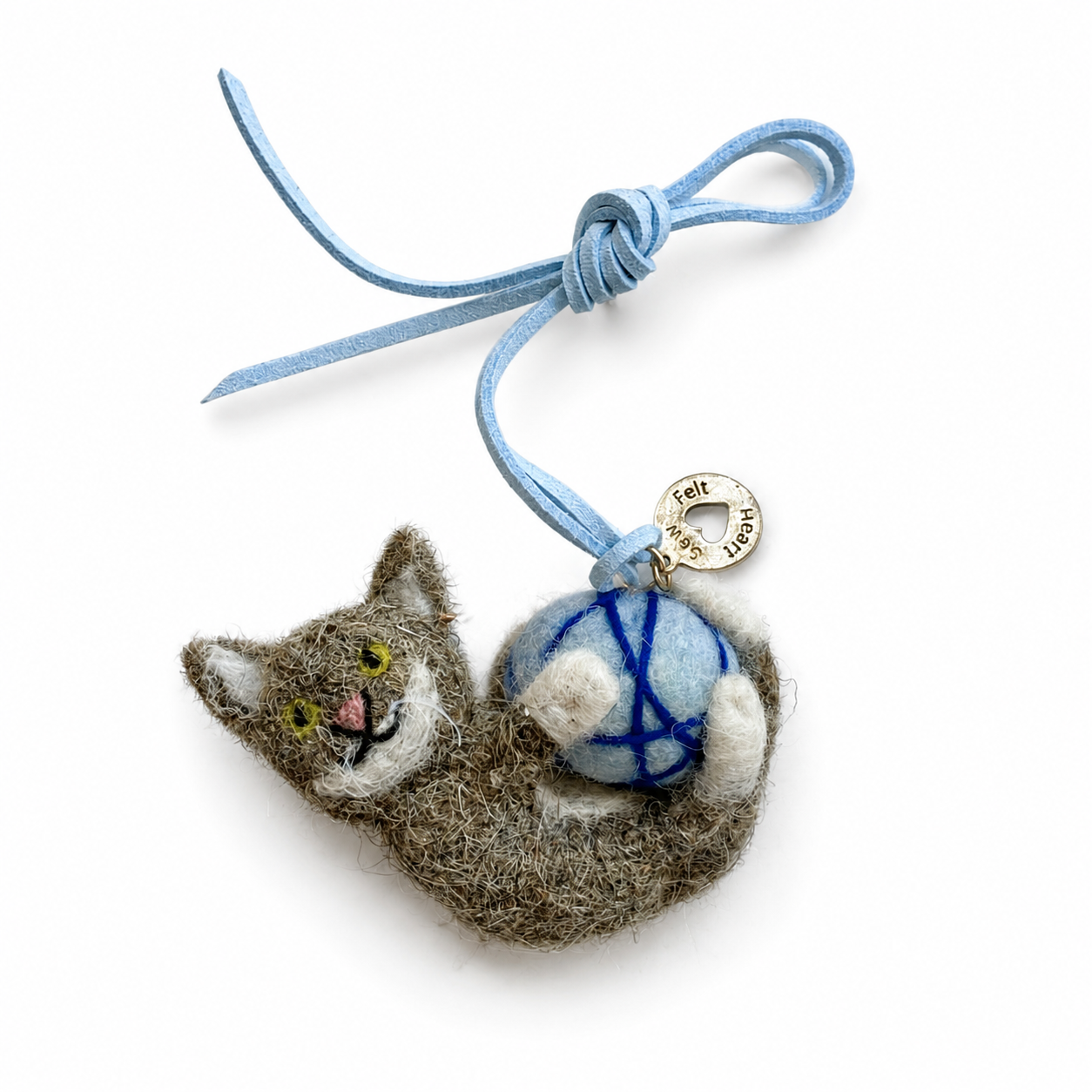 Cuddle You Cat handmade felt bag charm with a blue ball of yarn by Sew Heart Felt