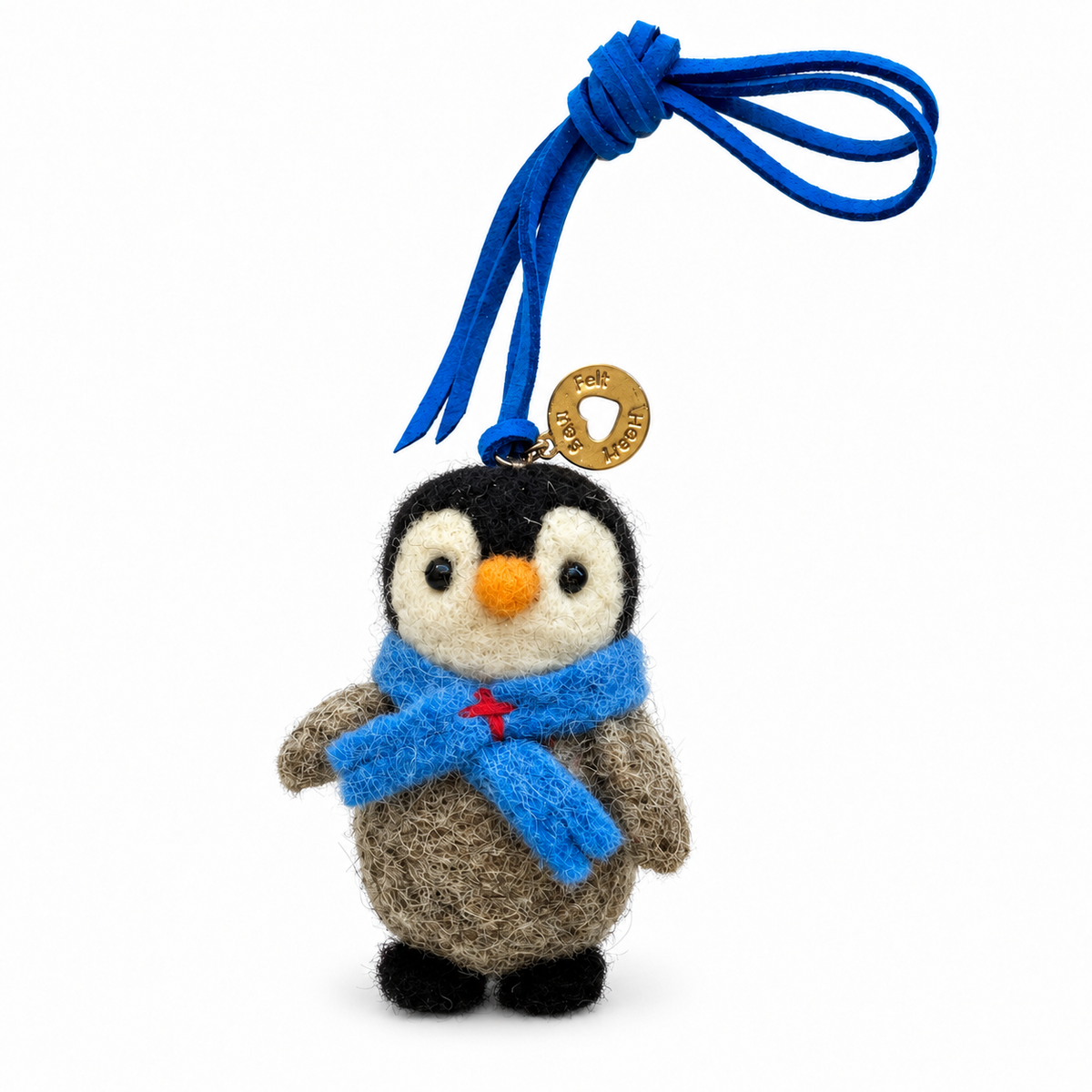 Frosty the Penguin handmade felt bag charm in a blue scarf by Sew Heart Felt