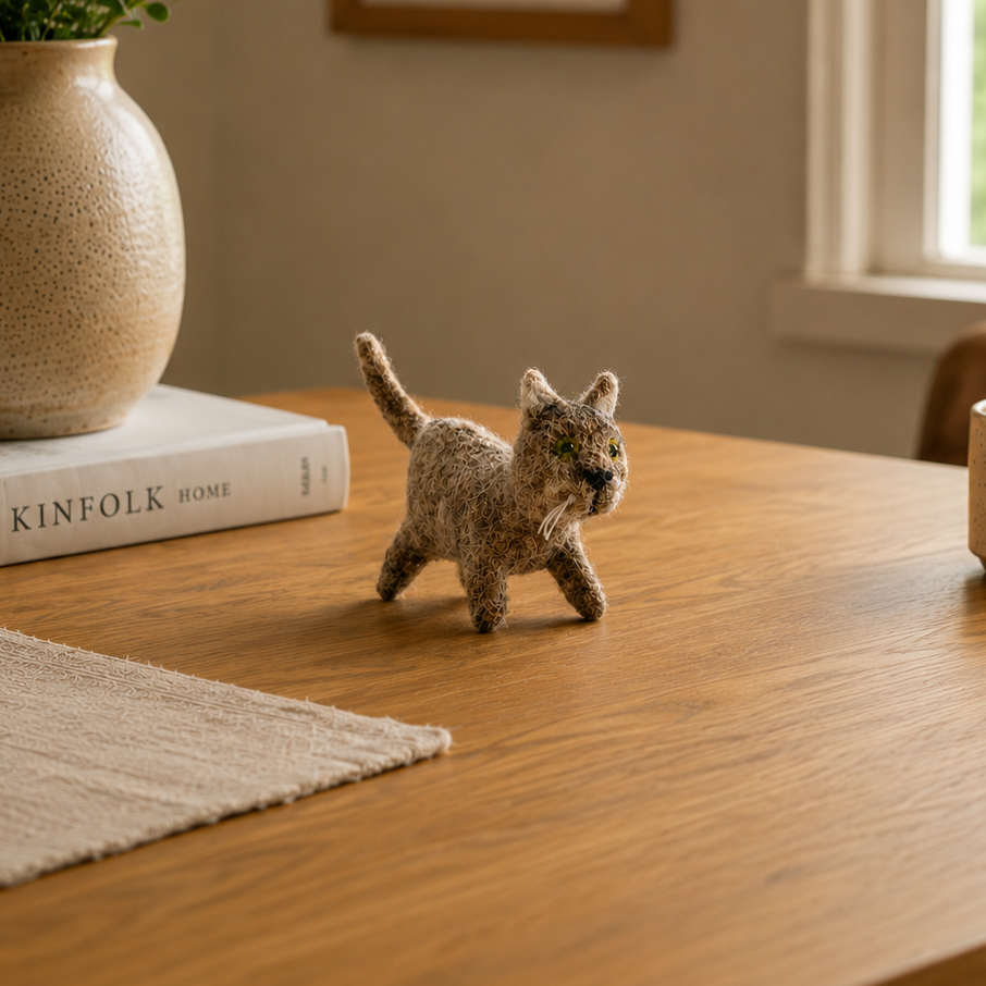 Wooden table with a small grey cat figurine, book, plant, and mug in a home setting.