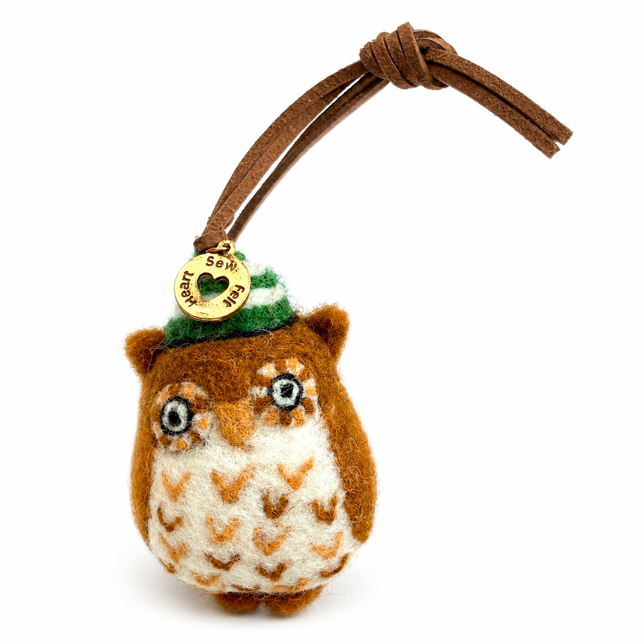 Hootie Night Owl handmade felt bag charm in a green bobble hat by Sew Heart Felt
