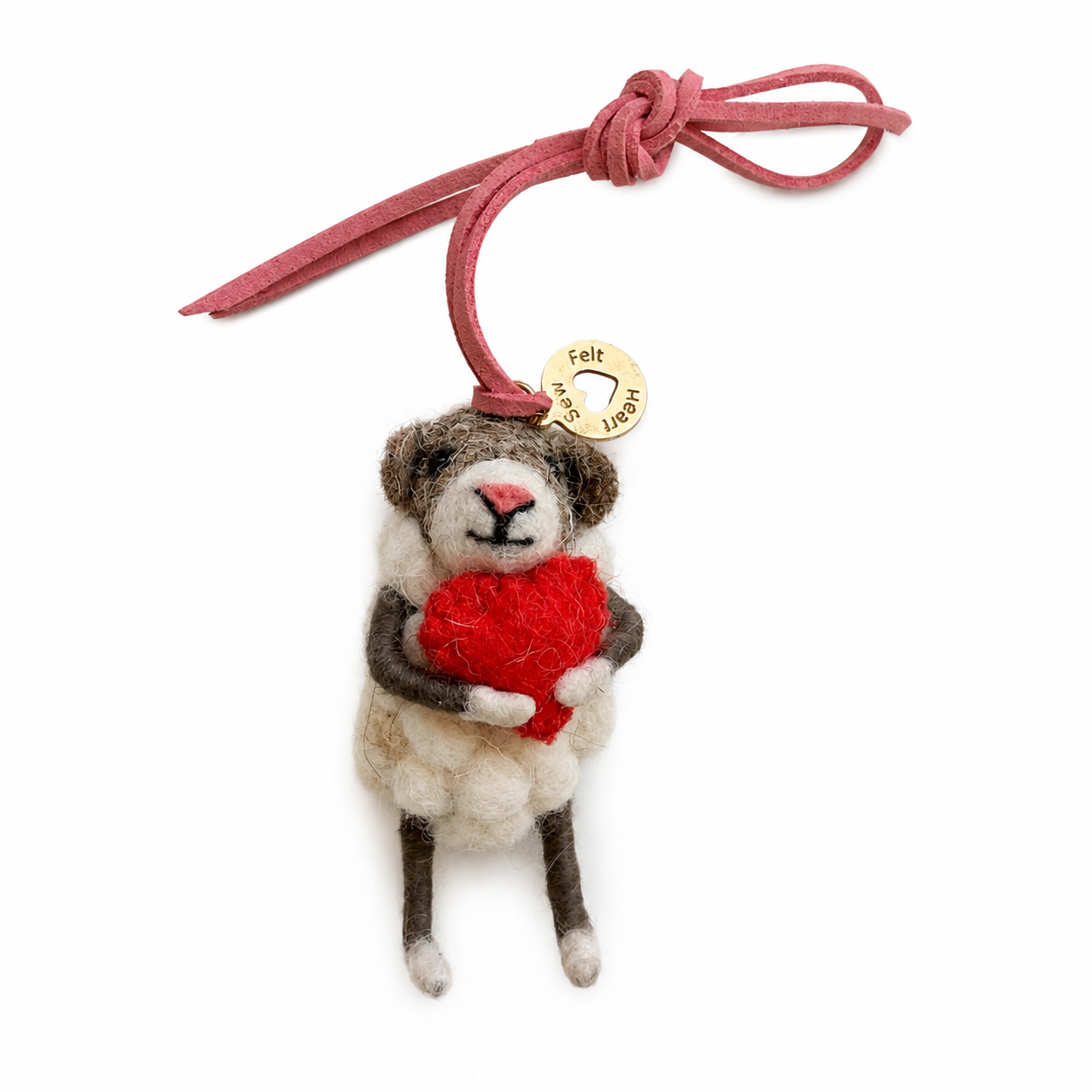 Love Ewe Sheep handmade felt bag charm hugging a red heart by Sew Heart Felt