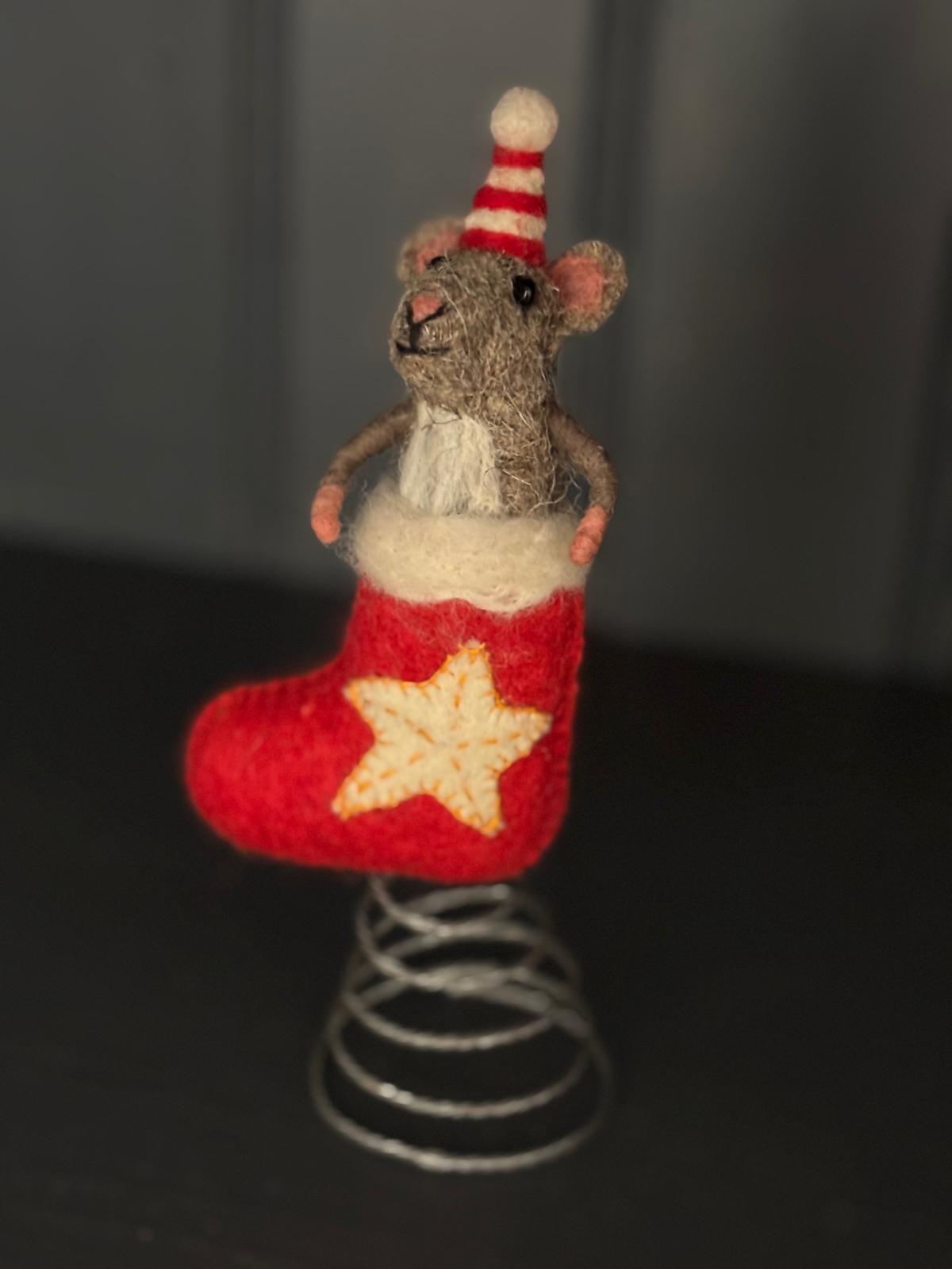 Mouse in Christmas Stocking Tree Topper