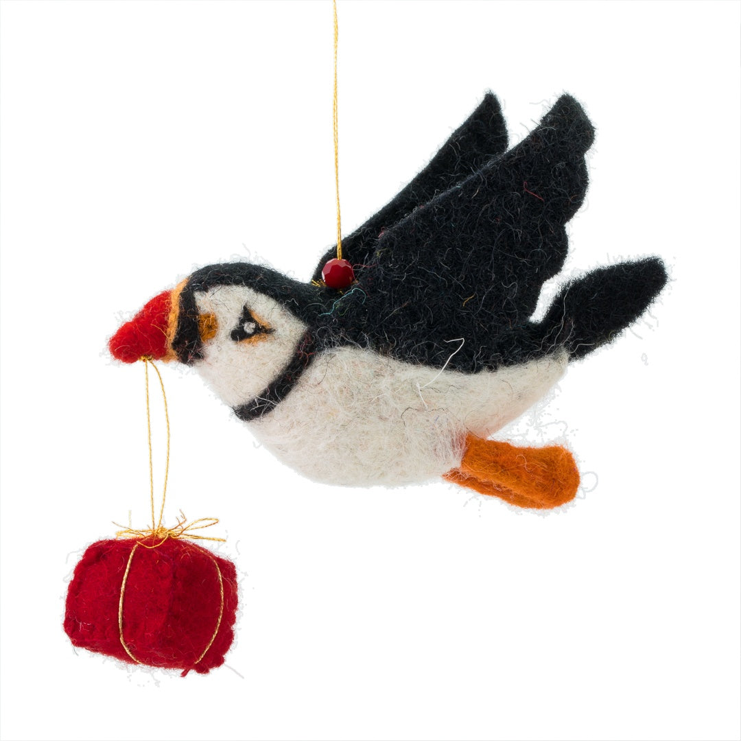 Pembroke Puffin with a Present Decoration Sew Heart Felt