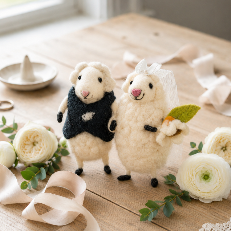 Two toy sheep, one in a wedding dress and the other in a suit, on a wooden table with flowers and ribbons.