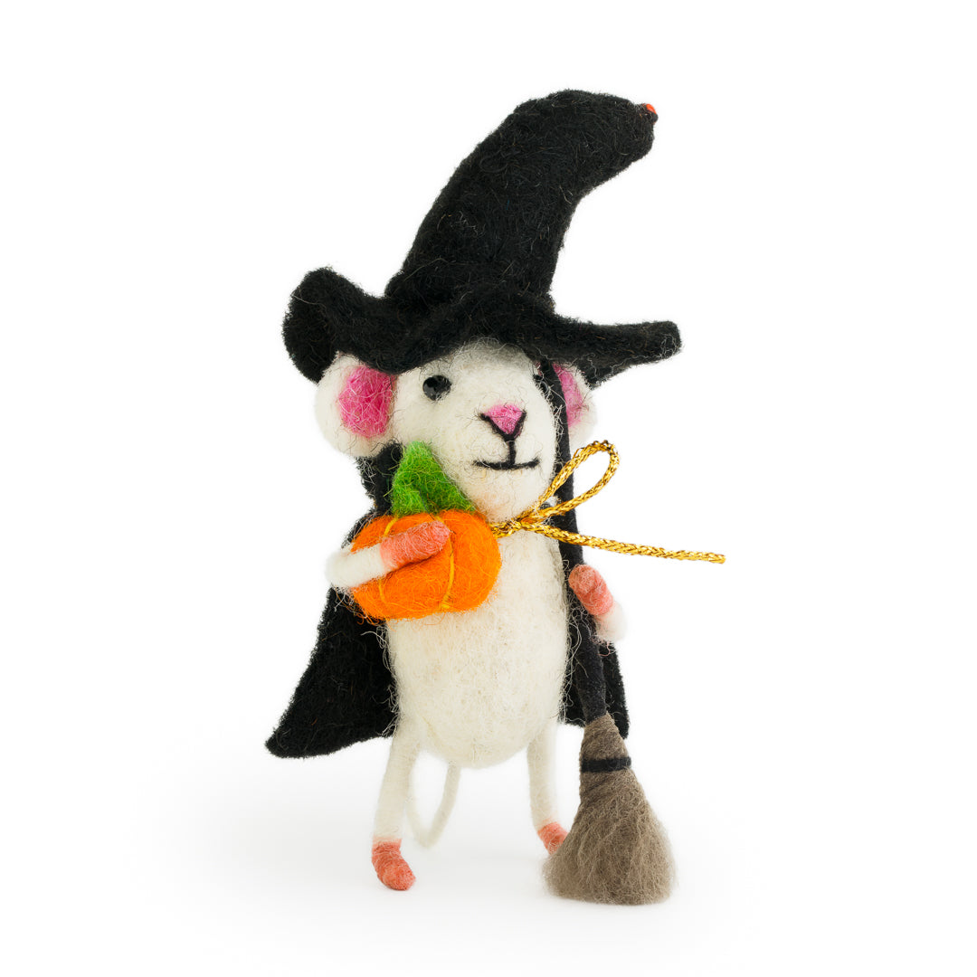 Halloween-themed toy mouse with a black hat, pumpkin, and broomstick on a white background