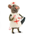 A felted wool mouse dressed as a nurse, standing against a plain white background. The nurse outfit is off-white with red cross details, and the mouse has olive-green arms and legs with pink inner ears and nose.